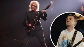 Queen's Brian May with photo of John Deacon inset