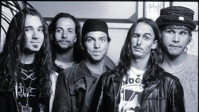 Pearl Jam at Pinkpop Festival in June 1992: Eddie Vedder, Mike McCready, Jeff Ament, Stone Gossard, Dave Abbruzzese