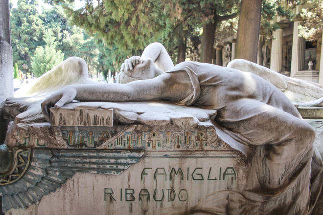 A grieving angel on the Ribaudo family tomb, sculpted by Onorato Toso circa 1910.