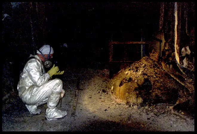 Pictured in 1986, this is the infamous "elephant&squot;s foot" at Chernobyl, a lump of corium caused by the fire in the reactor: a few minutes near this object, would bring certain death. Today, it’s still radioactive.