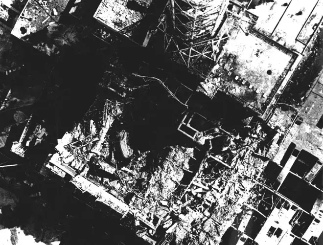 An aerial view of the aftermath of the April 26, 1986 explosion at the Chernobyl Nuclear Power Plant, Ukraine