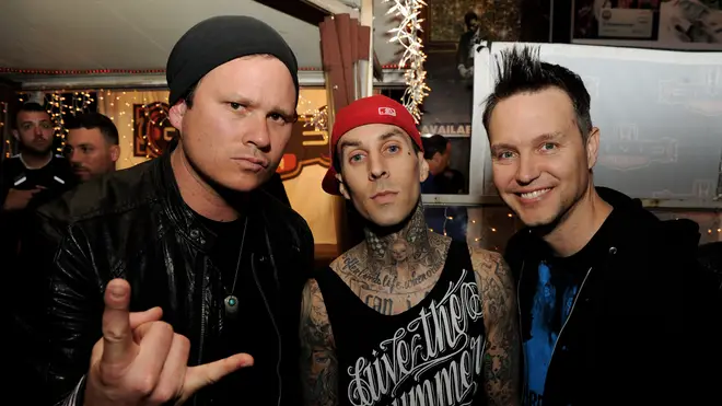 Blink 182's classic line-up of Tom DeLonge, Travis Barker and Mark Hoppus in 2011