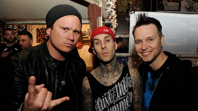 Blink 182's classic line-up of Tom DeLonge, Travis Barker and Mark Hoppus in 2011