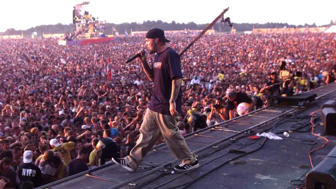 Fred Durst surveys the massive Woodstock '99 crowd. 24th July 1999