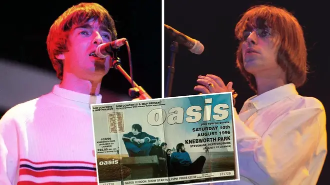 Noel and Liam Gallagher performing at Knebworth in August 1996