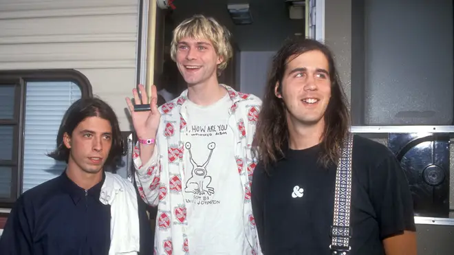 Dave Grohl, Kurt Cobain and Krist Novoselic of Nirvana at the MTV Music Awards in 1992