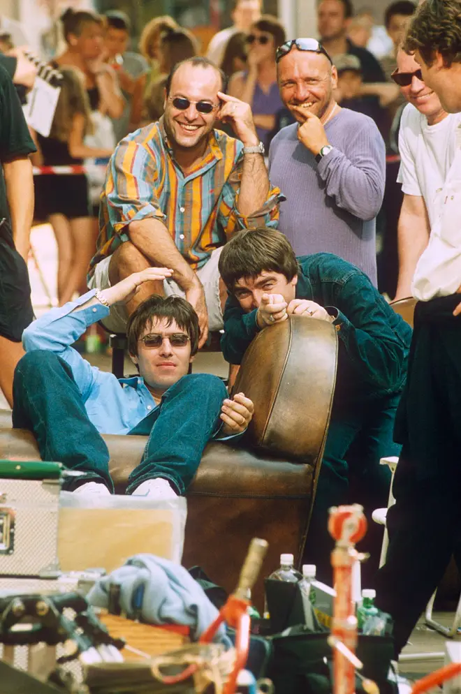 Liam and Noel Gallagher filming the video for Stand By Me in Feltham, September 1997