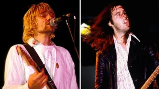 Kurt Cobain and Krist Novoselic performing with Nirvana at Reading, 30th August 1992