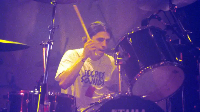 Dave Grohl playing drums with Nirvana in 1991