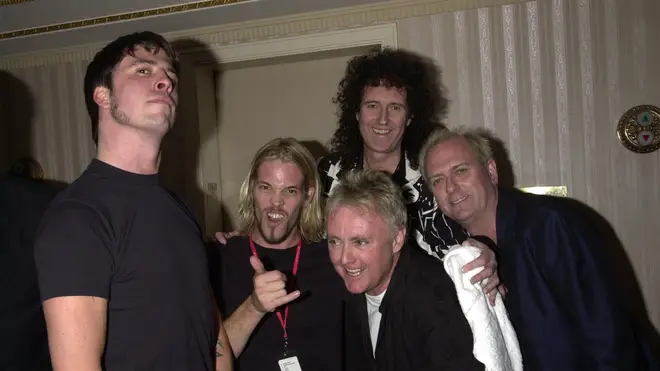 Dave Grohl, Taylor Hawkins, Brian May, Roger Taylor and Nate Mendel at Queen's induction into the Rock 'N' Roll Hall Of Fame
