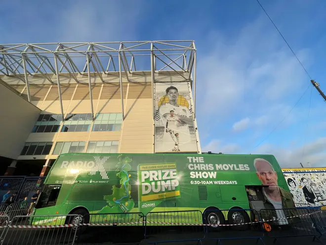 The Chris Moyles Show Prize Dump Tour Bus outside Elland Road stadium this morning