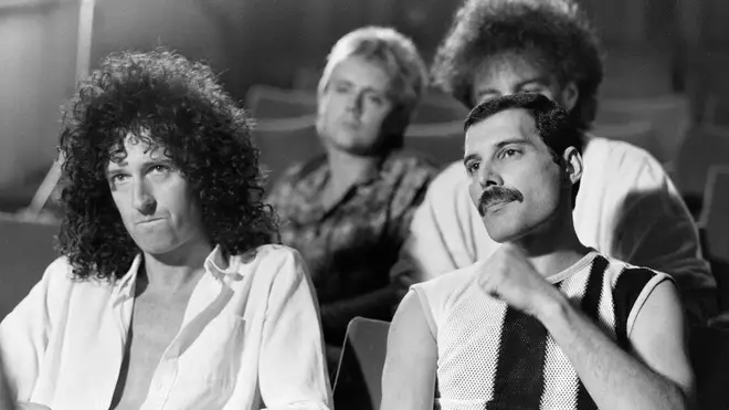 Queen in July 1985 rehearsing for Live Aid: Brian May and Freddie Mercury, with Roger Taylor and John Deacon behind