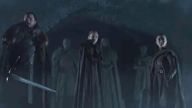 Game of Thrones characters John Snow (Kit Harington), Sansa Stark (Sophie Turner) and Arya Stark (Maisie Williams) in HBO season 8 trailer