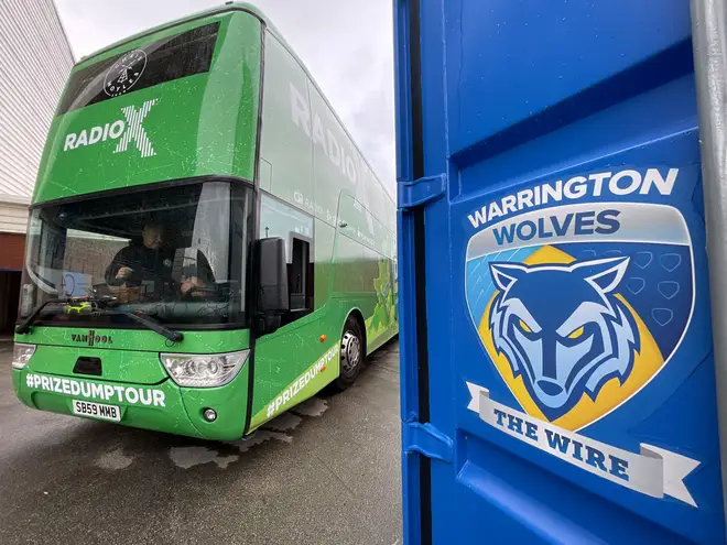 The Chris Moyles Show Prize Dump Tour Bus parked up outside the Halliwell Jones Stadium in Warrington