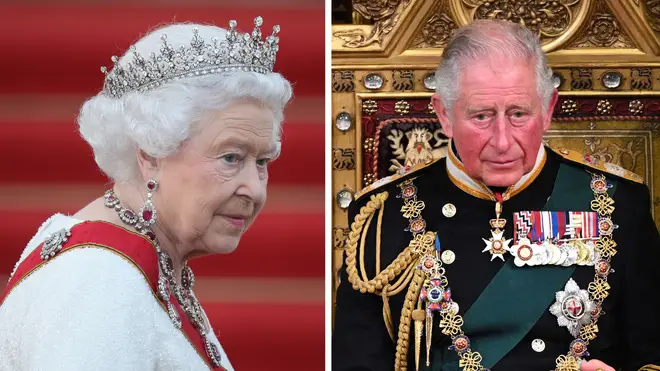Queen Elizabeth II in 2015 and Prince Charles in 2019