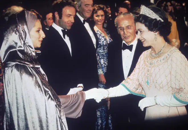 The Streisand effect: The Queen meets the singer and actor at the premiere of the film Funny Lady in 1975