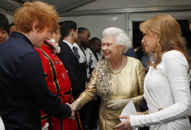 Kylie Minogie introduces Queen Elizabeth II to Ed Sheeran at the Diamond Jubilee concert