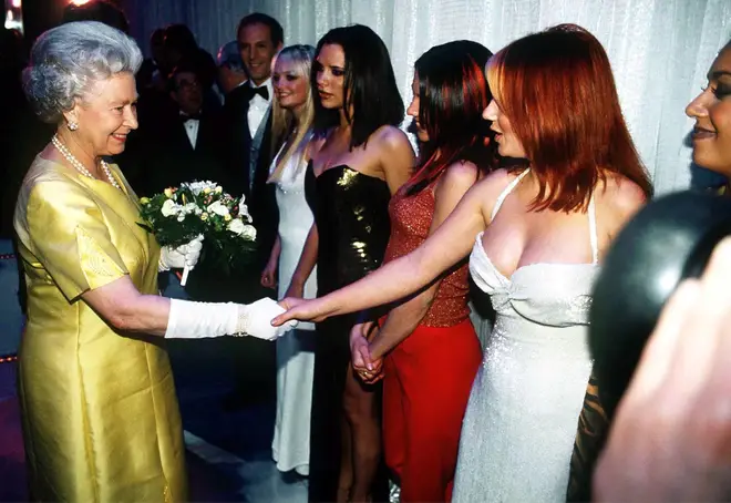 The Queen meets Baby, Posh, Sporty, Ginger and Scary at the Royal Command Performance in December 1997