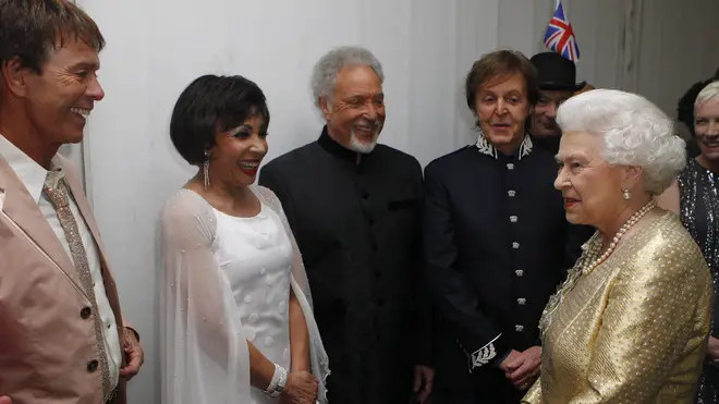 Queen Elizabeth ll meets Sir Cliff Richard, Dame Shirley Bassey,  Sir Tom Jones and Sir Paul McCartney during The Diamond Jubilee Concert in 2012