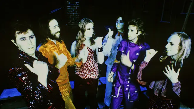 The original line-up of Roxy Music in 1972: Bryan Ferry, Phil Manzanera, Paul Thompson, Rik Kenton, Andy Mackay and Brian Eno.