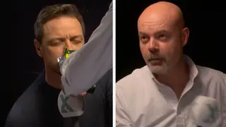 Glass actor James McAvoy sniffs McCoy crisps in an interview with The Chris Moyles Show's Dominic Byrne