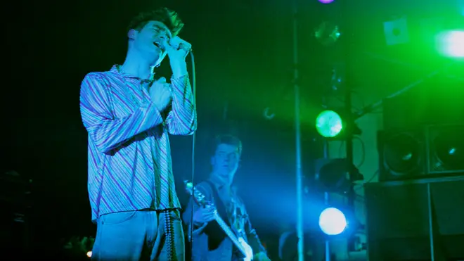 Morrissey and Smiths bassist Andy Rourke, performing at Leicester's De Montfort Hall in 1984