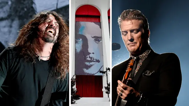 Foo Fighters Dave Grohl, an image of Chris Cornell and Queens of the Stone Age's Josh Homme at I Am The Highway: A Tribute To Chris Cornell