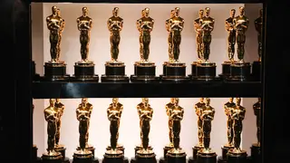 Oscar statues lined up backstage for the 90th Academy Awards in 2018