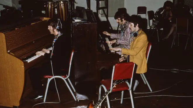 The Beatles play pianos at Abbey Road Studios, February 1967.