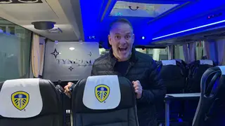 Chris Moyles surprised on the Leeds United first team bus in Leicester Square