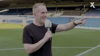 Chris Moyles takes part in penalty shoot out at Leeds United's football ground Elland Road