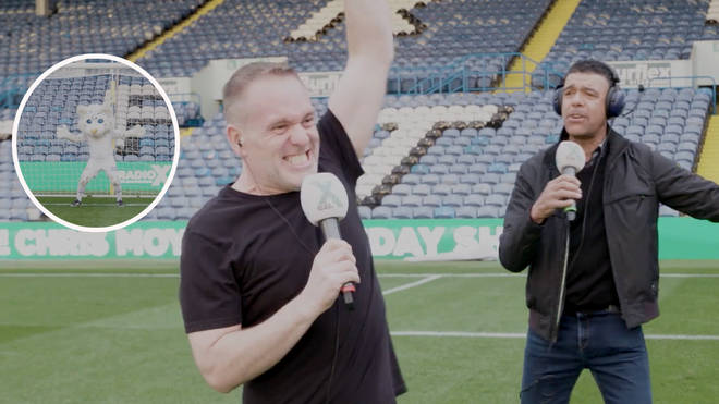 Chris Moyles plays penalty shoot out at Leeds United's Elland Road as Chris Kamara watches on