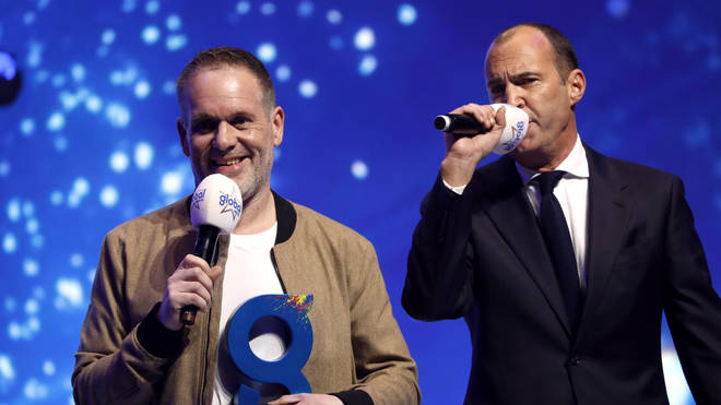 Chris Moyles (left) and Johnny Vaughan on stage during The Global Awards 2019 with Very.co.uk held at London's Eventim Apollo Hammersmith