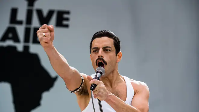Rami Malek stars as Freddie Mercury during his the Live Aid concert in Bohemian Rhapsody scene