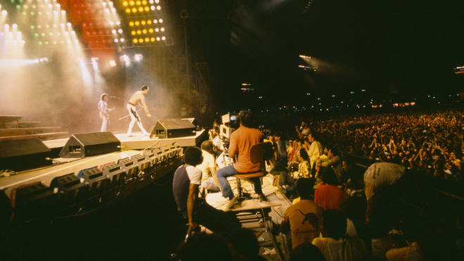 Freddie Mercury and Queen on stage at the Rock in Rio festival, Brazil, January 1985.