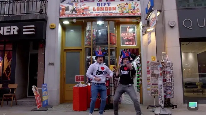 Taron Egerton and Richard Madden dress up in tourist clothing in London in Carpool Karaoke: The Series
