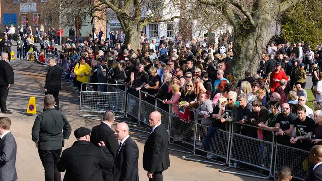 Fans gather at the funeral of Keith Flint at St Mary's Church on March 29, 2019 in Braintree, England.