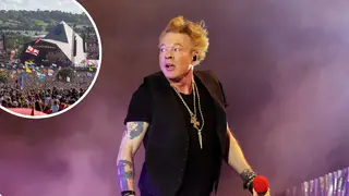 Axl Rose from Guns N' Roses with Glastonbury's Pyramid Stage inset