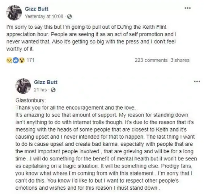 Gizz Butt cancels Keith Flint Glastonbury tribute as he doesn&squot;t want to cause "upset"