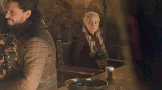 A screenshot of a scene in which a Starbucks coffee cup is mistakenly left in Game of Thrones