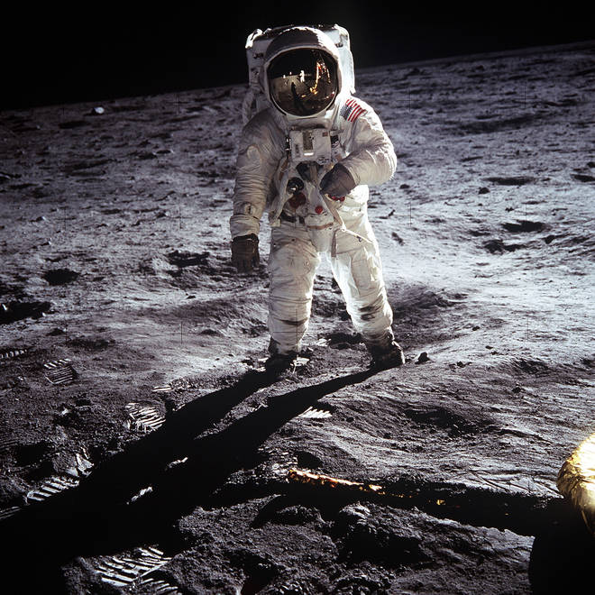US Astronaut Buzz Aldrin, walking on the Moon July 20 1969. Taken during the first Lunar landing of the Apollo 11 space mission by NASA.