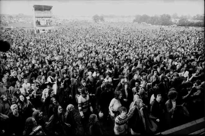 The crowd at Glastonbury festival on 18 June 1982