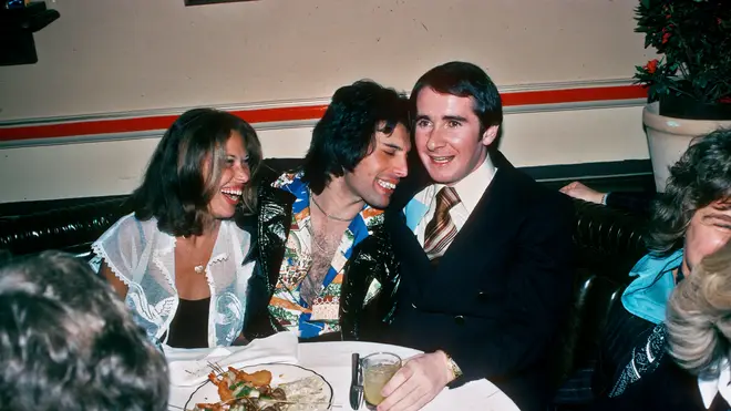 Freddie Mercury of Queen and John Reid at a party in March 1977