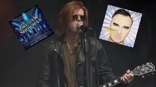 The Amazons frontman Matt Thomson with The Greatest Showman artwork and Morrissey's California Son artwork inset