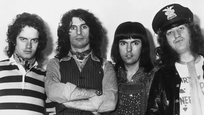 Slade in 1975: Jim Lea, Don Powell, Dave Hill and Noddy Holder. Stop asking them about that Christmas record!