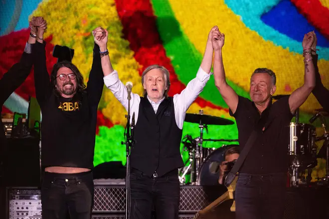Dave Grohl and Bruce Springsteen join Sir Paul McCartney onstage during the former Beatle's headline set at Glastonbury 2022.