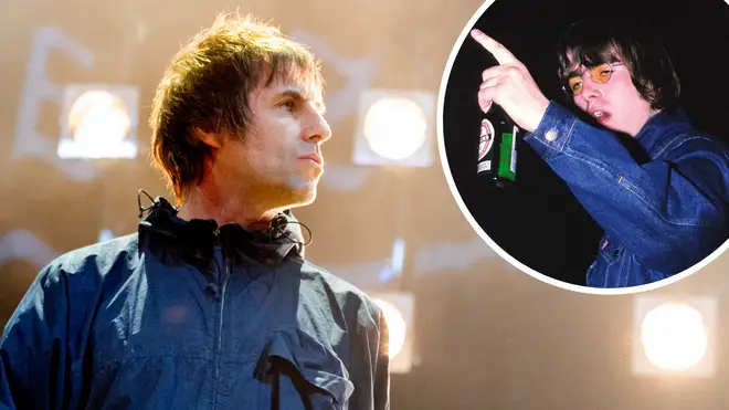 Liam Gallagher with an image of himself inset from the 90s