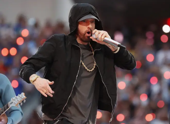 Eminem performs in the Pepsi Super Bowl LVI Halftime Show, February 2022