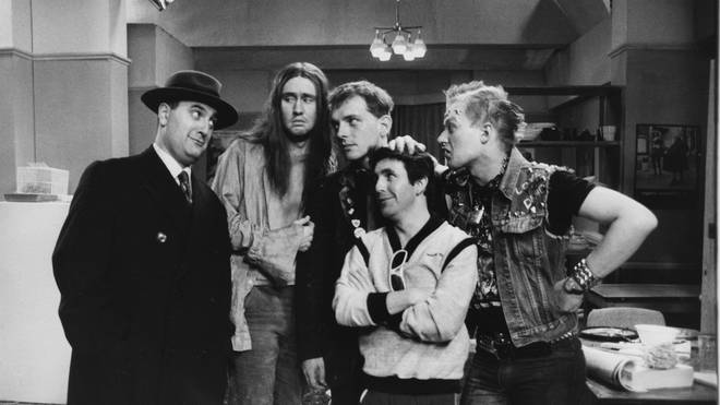 Alexei Sayle, Nigel Planner, Rik Mayal, Christopher Ryan and Adrian Edmondson in a scene from the television sitcom The Young Ones