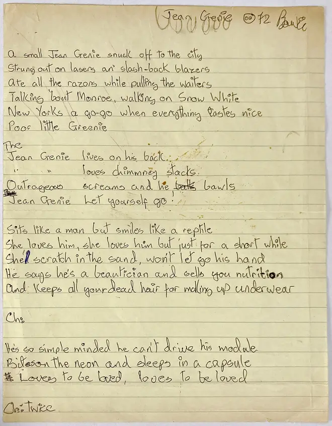 Bowie's handwritten lyrics to Jean Genie
